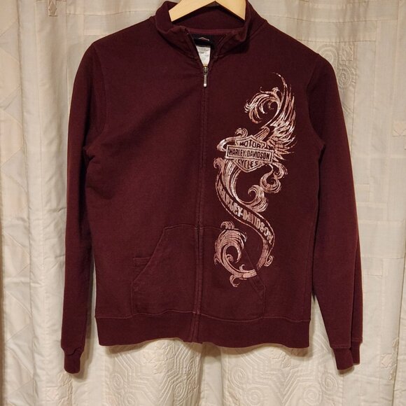 🦅 Harley-Davidson Maroon Scroll Wing Zip Hoodie S Sioux Falls 🦅 - Picture 2 of 6